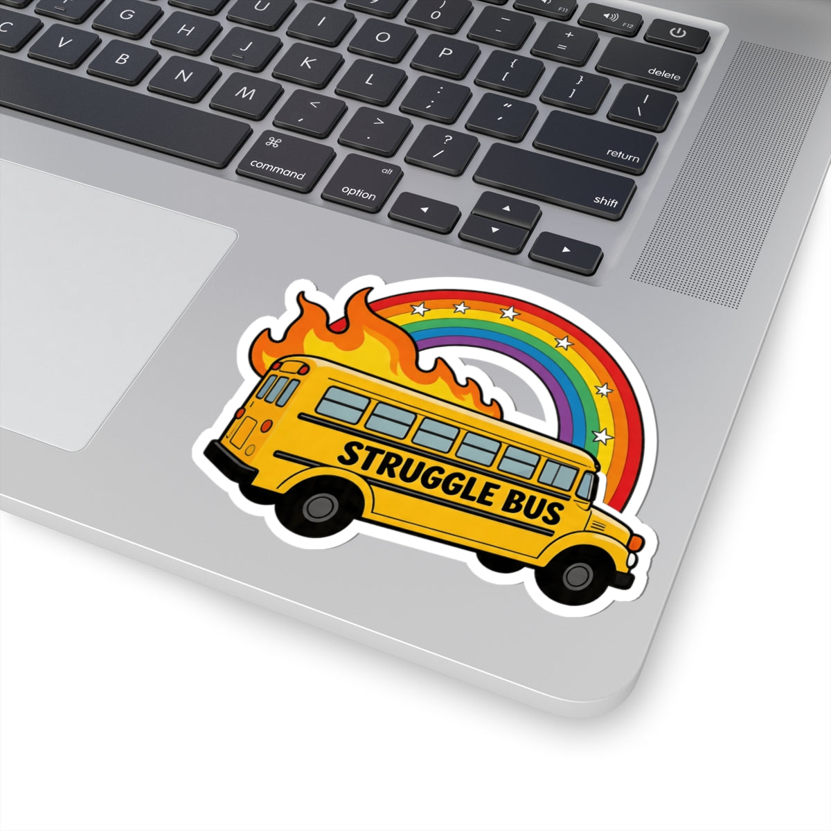 Funny Struggle Bus Sticker - Flaming School Bus with Rainbow & Stars Vinyl Decal 3" 4" 6" Inch