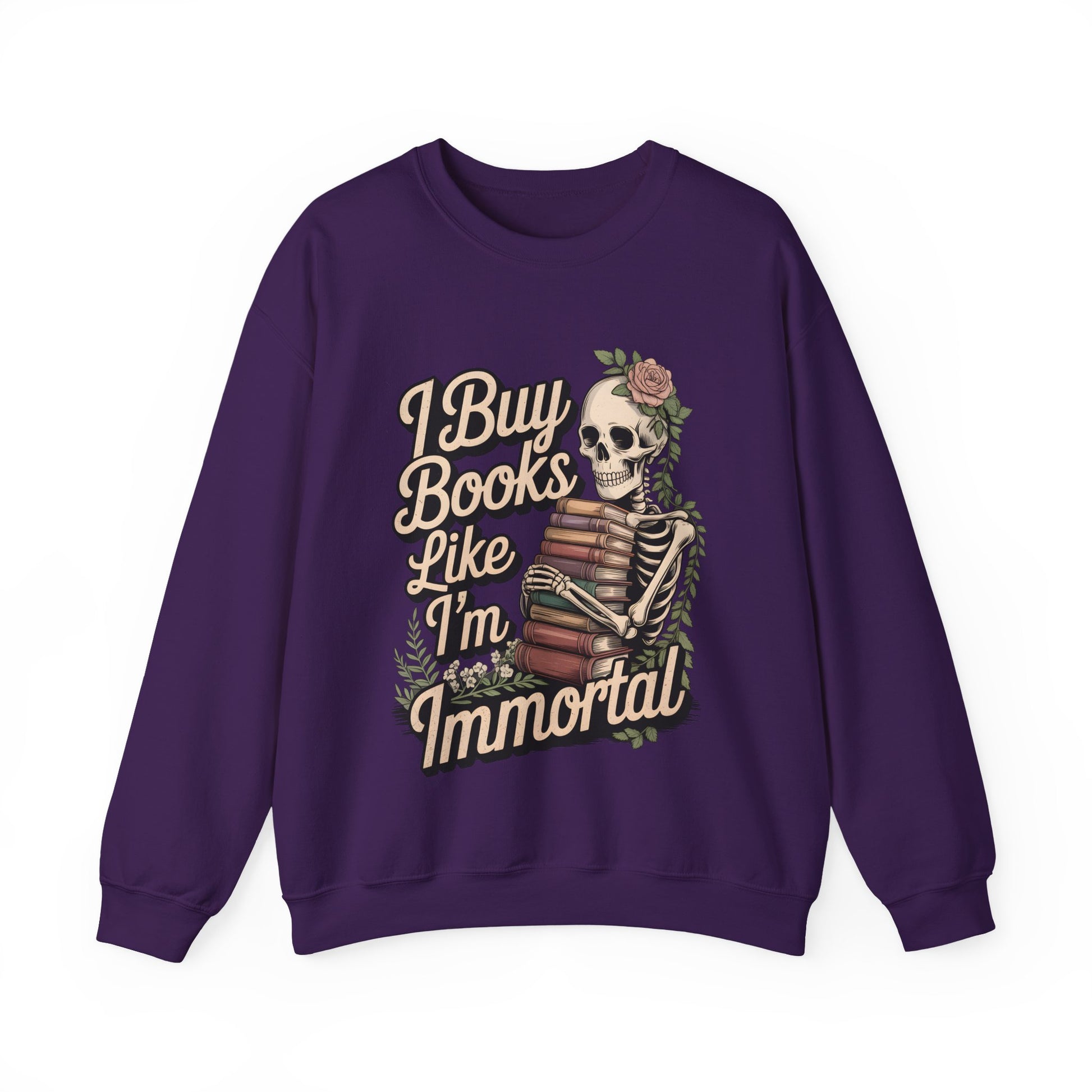 Spooky Skeleton Reading Sweatshirt - I Buy Books Like I'm Immortal Crew Neck