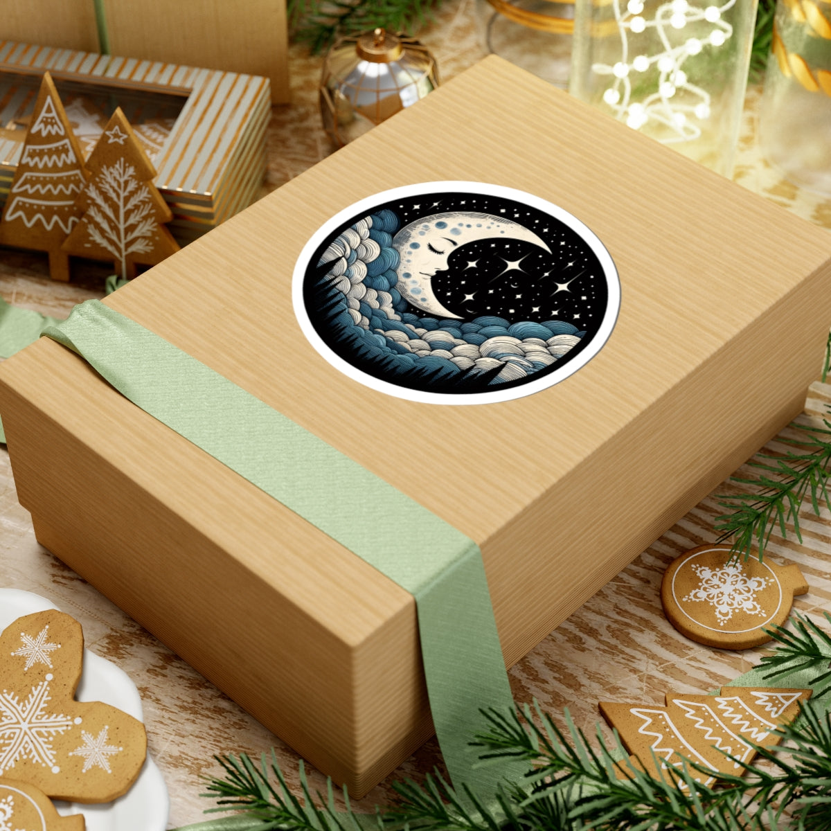 Mystical Crescent Moon Night Sky Sticker - Celestial Stars & Clouds Vinyl Decal 3" 4" 6" Inch