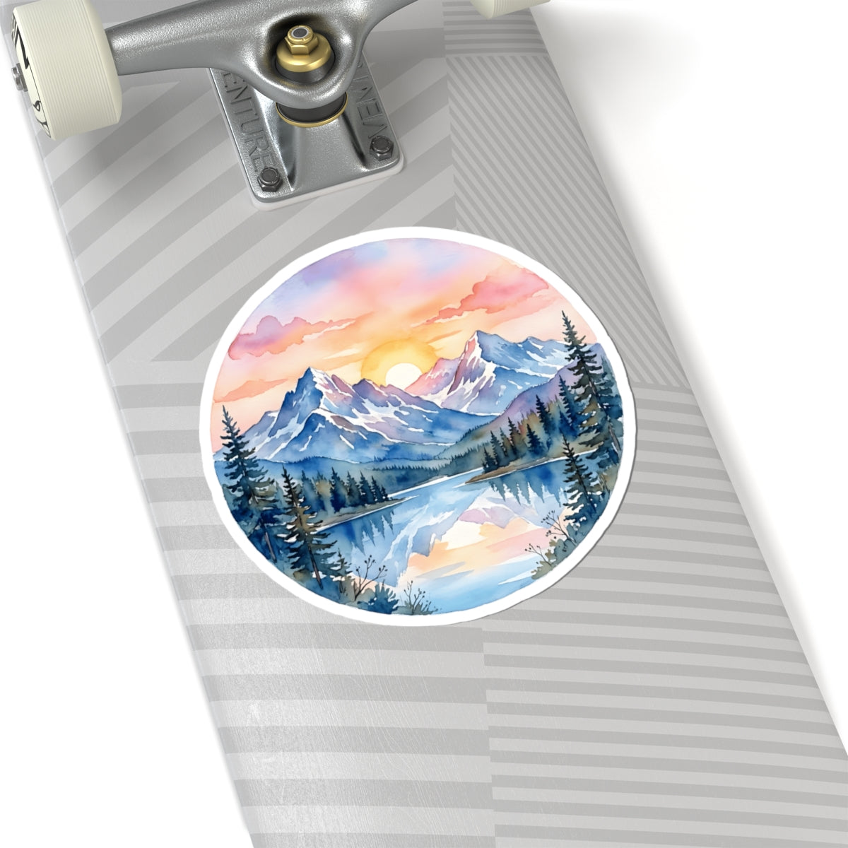 Mountain Lake Sunset Watercolor Sticker - Round Snowy Peaks Forest Nature Vinyl Decal 3" 4" 6" Inch