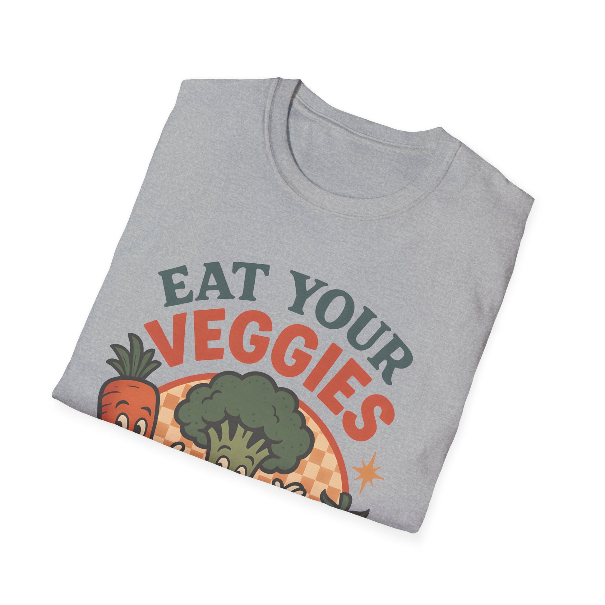Folded heather grey “Eat Your Veggies” Vegan Vegetarian Veggie Vegetable Tshirt on a white background, close-up of bold carrot, broccoli and tomato artwork around the slogan.