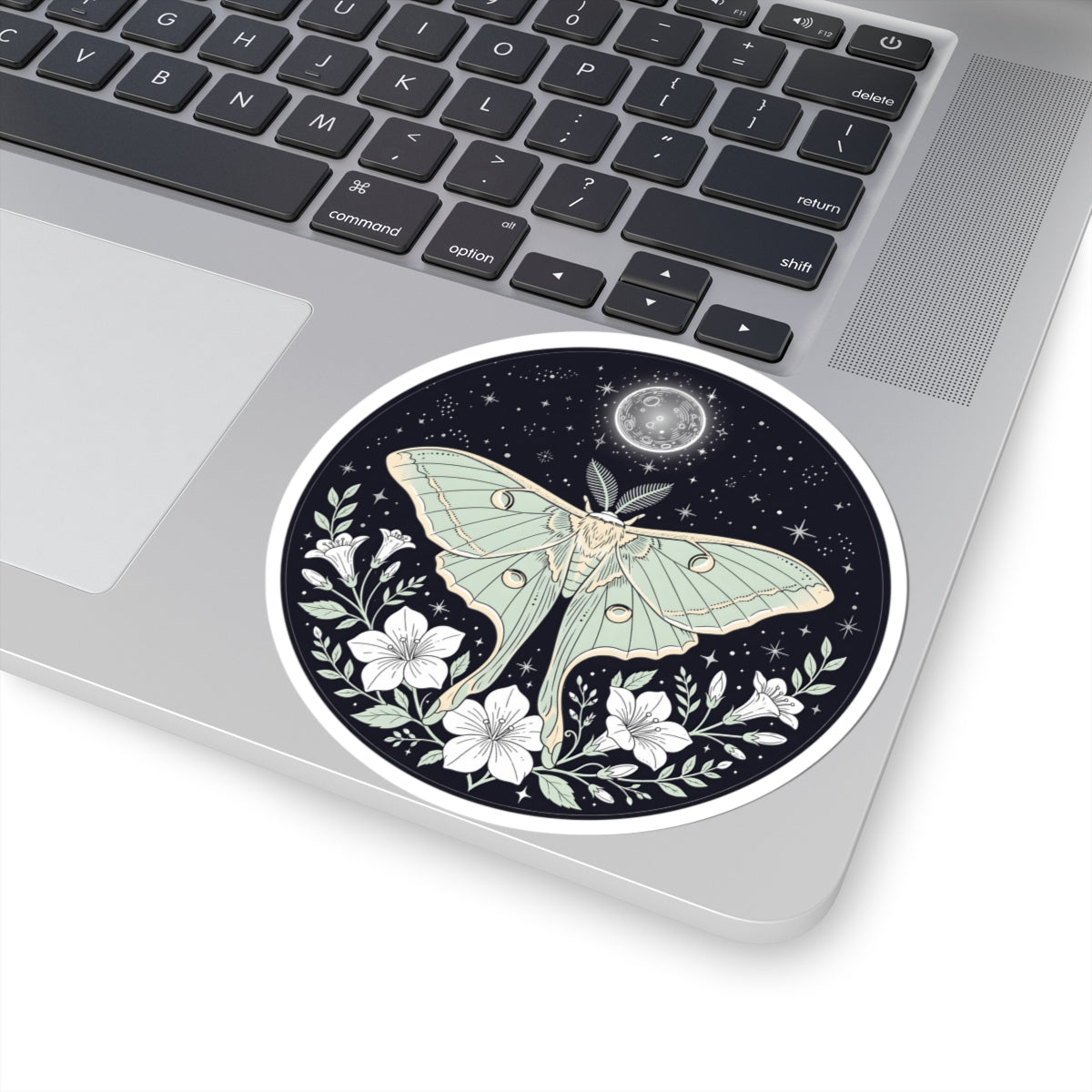 Luna Moth with White Flowers Sticker - Celestial Full Moon Witchy Botanical Art Vinyl Decal 3" 4" 6" Inch