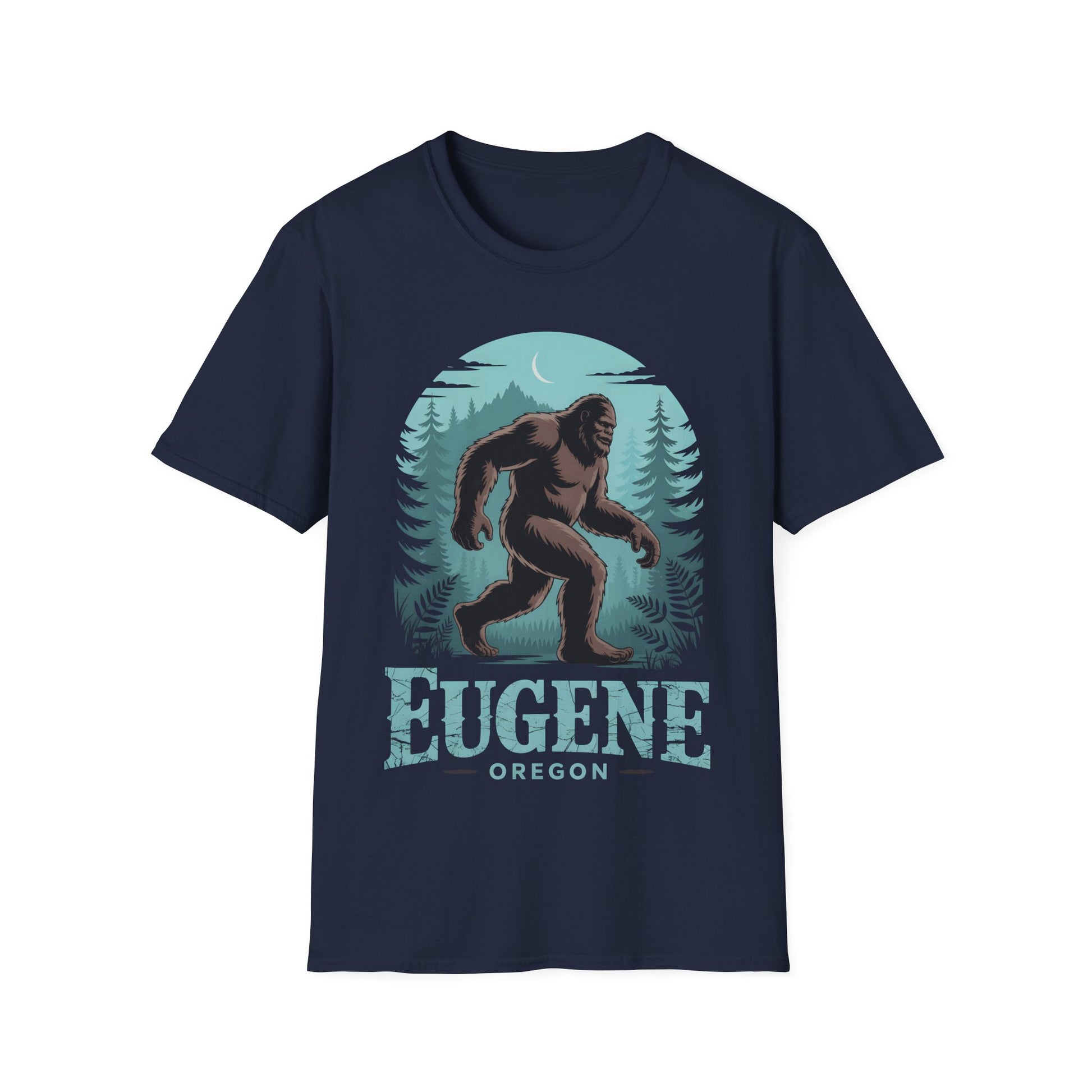 Navy Eugene Oregon Bigfoot Tshirt laid flat, displaying a Bigfoot graphic in a moonlit forest with bold Eugene Oregon lettering below the design.
