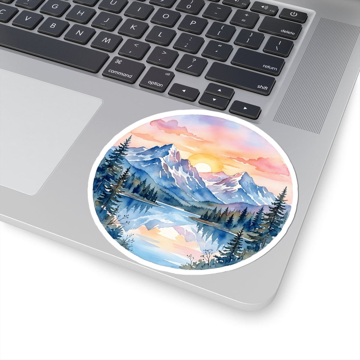 Mountain Lake Sunset Watercolor Sticker - Round Snowy Peaks Forest Nature Vinyl Decal 3" 4" 6" Inch