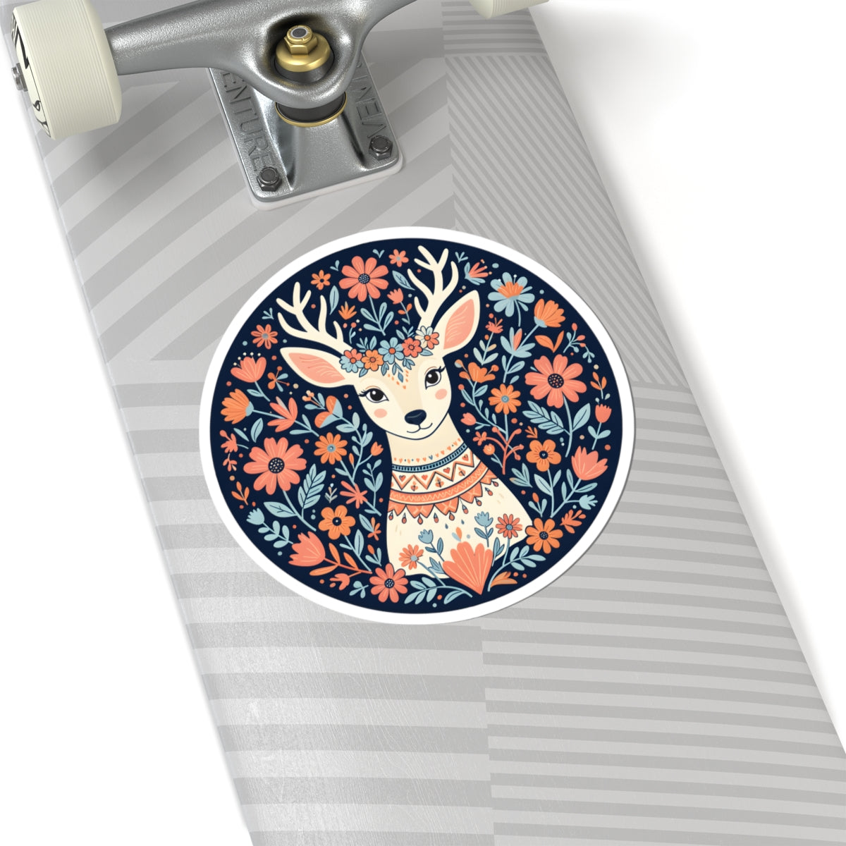 Folk Art Woodland Deer Sticker -  Boho Woodland Animal Round Vinyl Decal 3" 4" 6" Inch