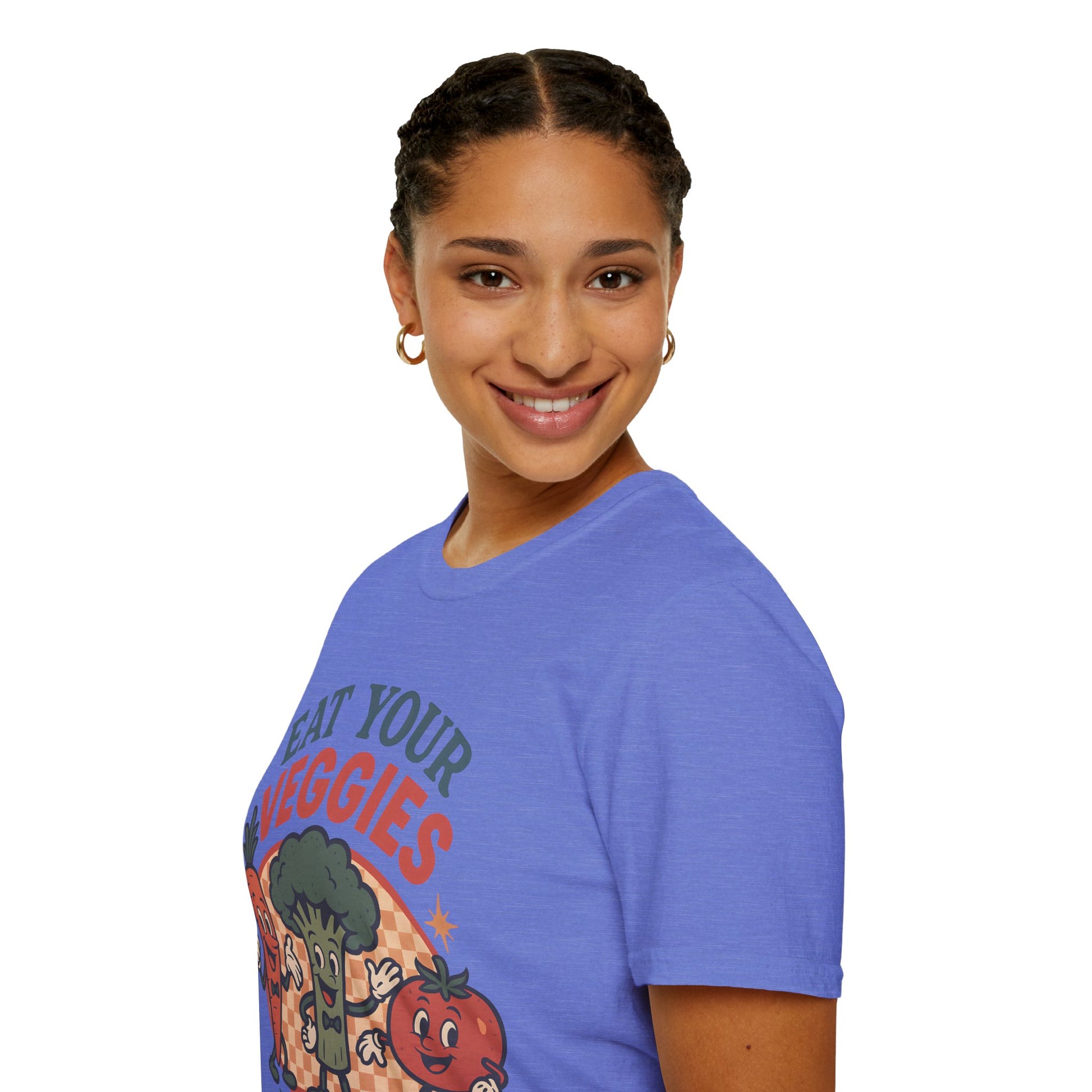 Side close-up of woman smiling in a blue “Eat Your Veggies” Vegetarian Vegetable Tshirt, highlighting the soft fabric and colorful retro veggie illustration on the chest.