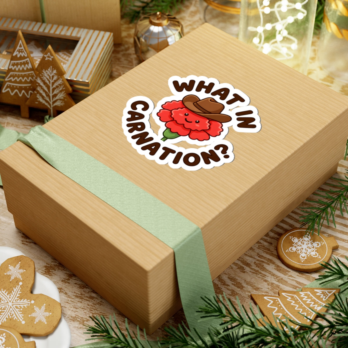 Funny What In Carnation Sticker - Western Cowboy Hat Flower Vinyl Decal 3" 4" 6" Inch