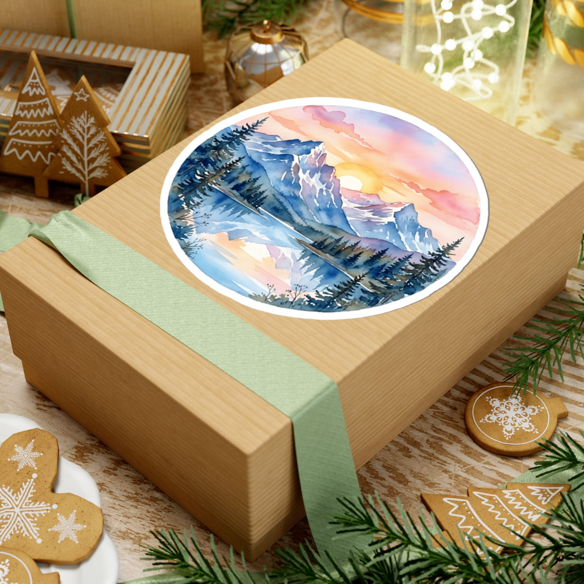 Mountain Lake Sunset Watercolor Sticker - Round Snowy Peaks Forest Nature Vinyl Decal 3" 4" 6" Inch