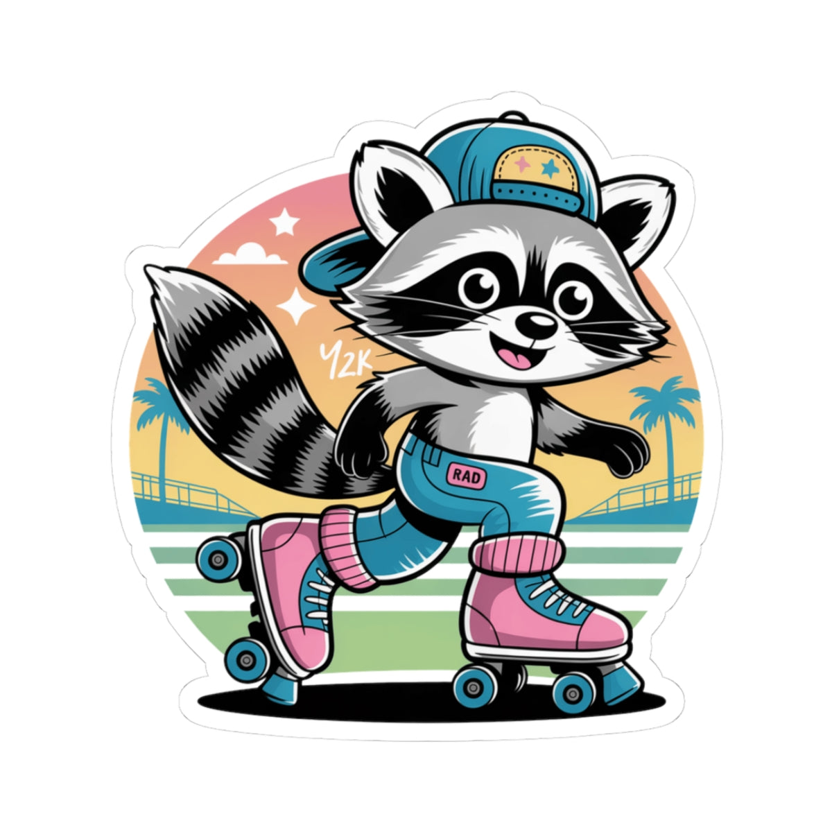 Cute Roller Skating Raccoon Sticker - Retro 80s Aesthetic Animal Vinyl Decal