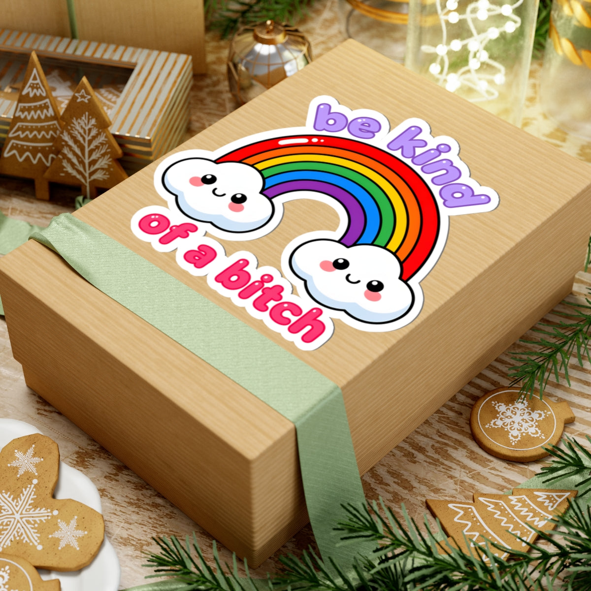 Be Kind Of A Bitch Rainbow Sticker - Sarcastic Kawaii Clouds Humor Vinyl Decal 3" 4" 6" Inch