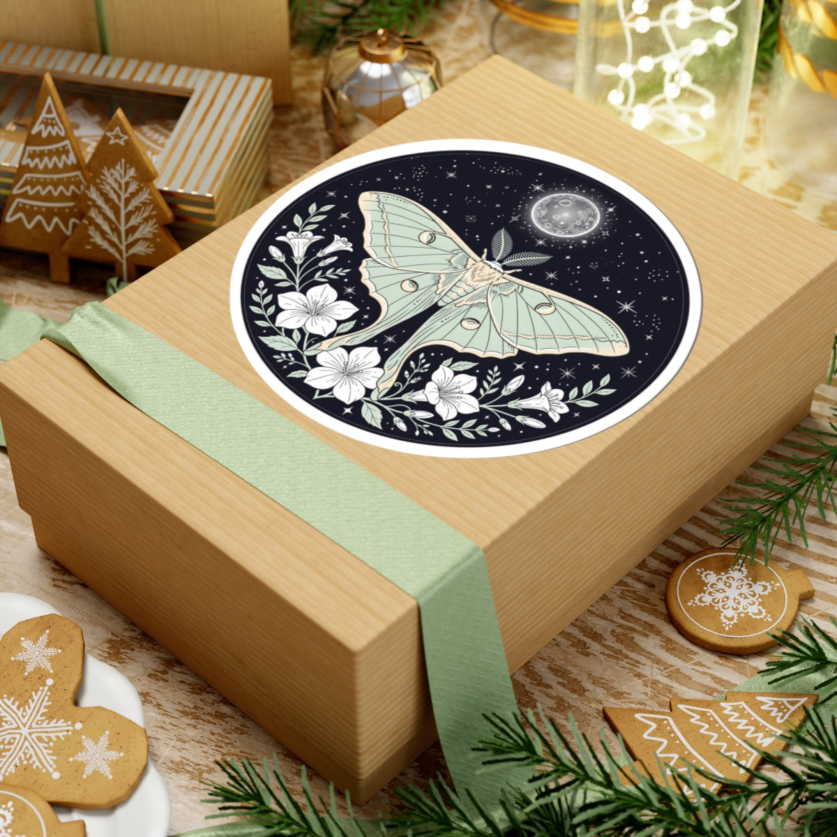Luna Moth with White Flowers Sticker - Celestial Full Moon Witchy Botanical Art Vinyl Decal 3" 4" 6" Inch