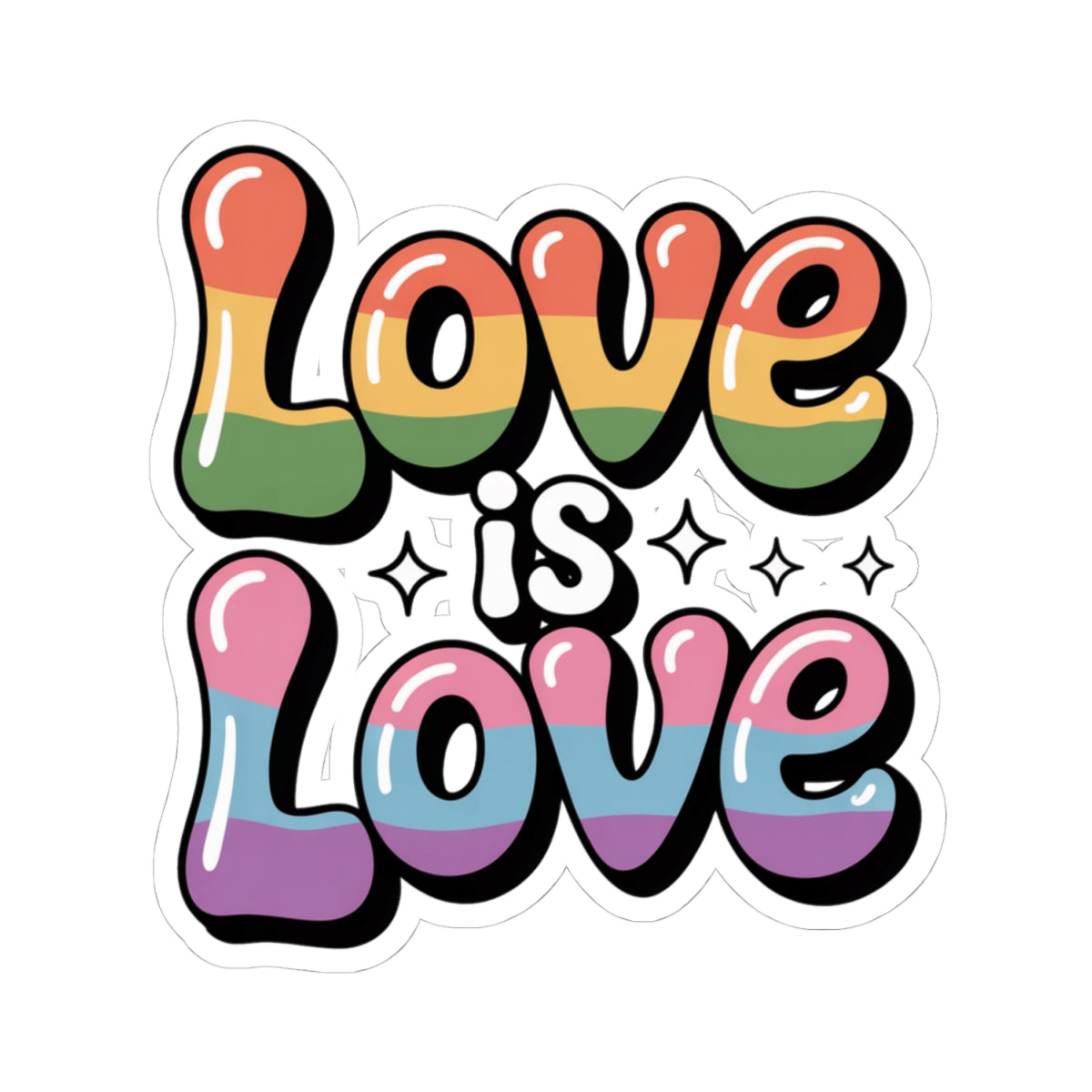 Love Is Love LGBTQ+ Rainbow Pride Sticker – Retro Bubbly Font, Gay Lesbian Ally Equality