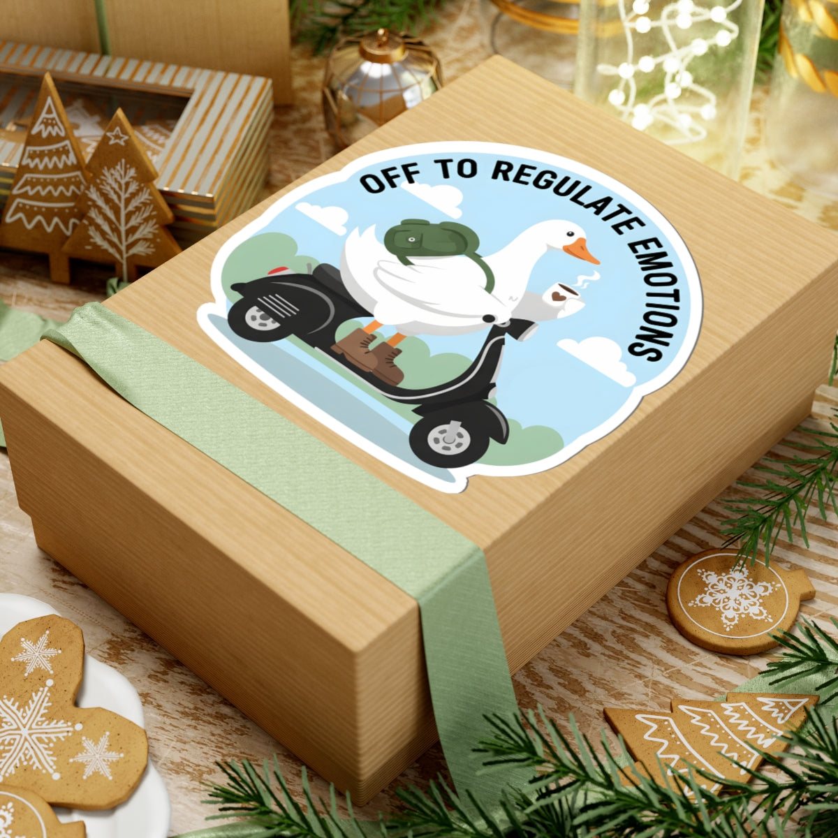 Off To Regulate Emotions Funny Goose Sticker - Mental Health Duck On Scooter Vinyl Decal 3" 4" 6"
