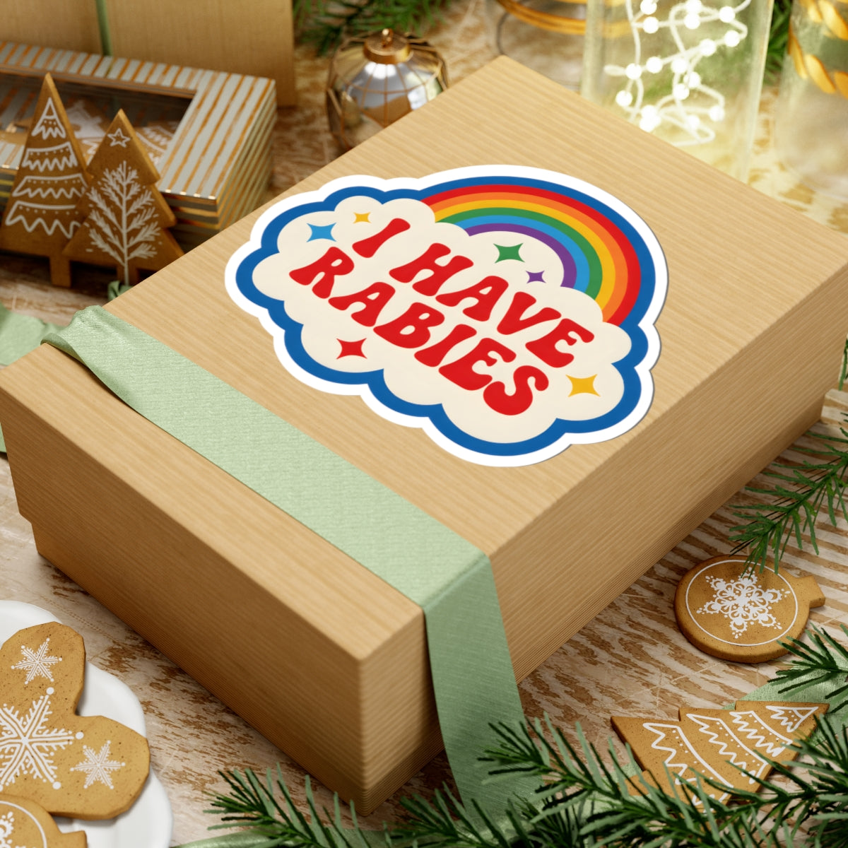 Funny I Have Rabies Sticker - Retro Sarcastic Rainbow Cloud Vinyl Decal 3" 4" 6" Inch