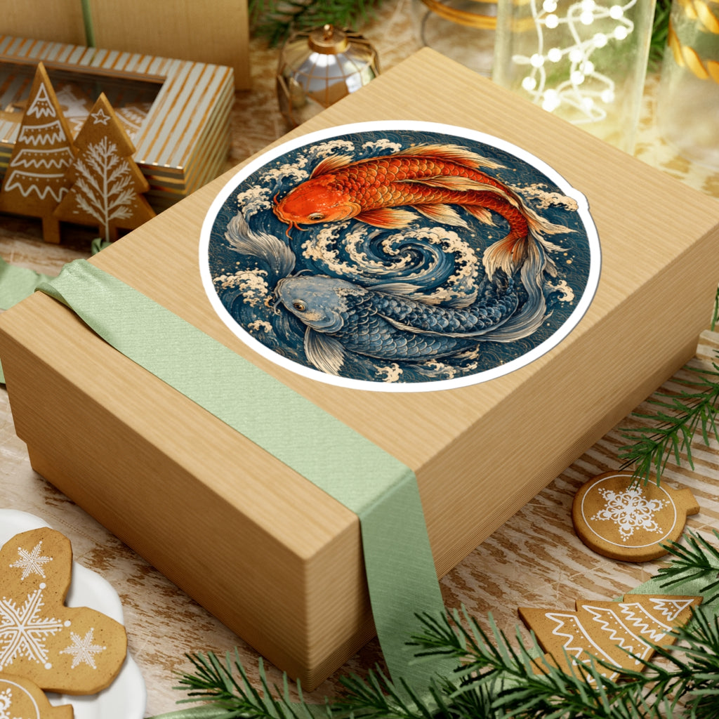 Japanese Koi Fish Yin Yang Sticker - Zen Pisces Carp Ocean Waves Art Vinyl Decal 3" 4" 6" Inch