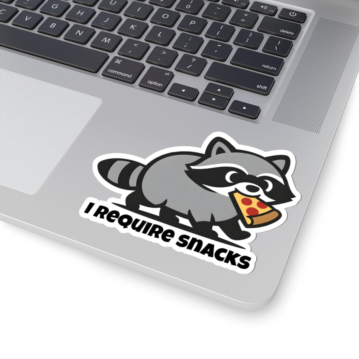 Funny Raccoon I Require Snacks Sticker - Cute Trash Panda Eating Pizza Vinyl Decal  3" 4" 6" Inch