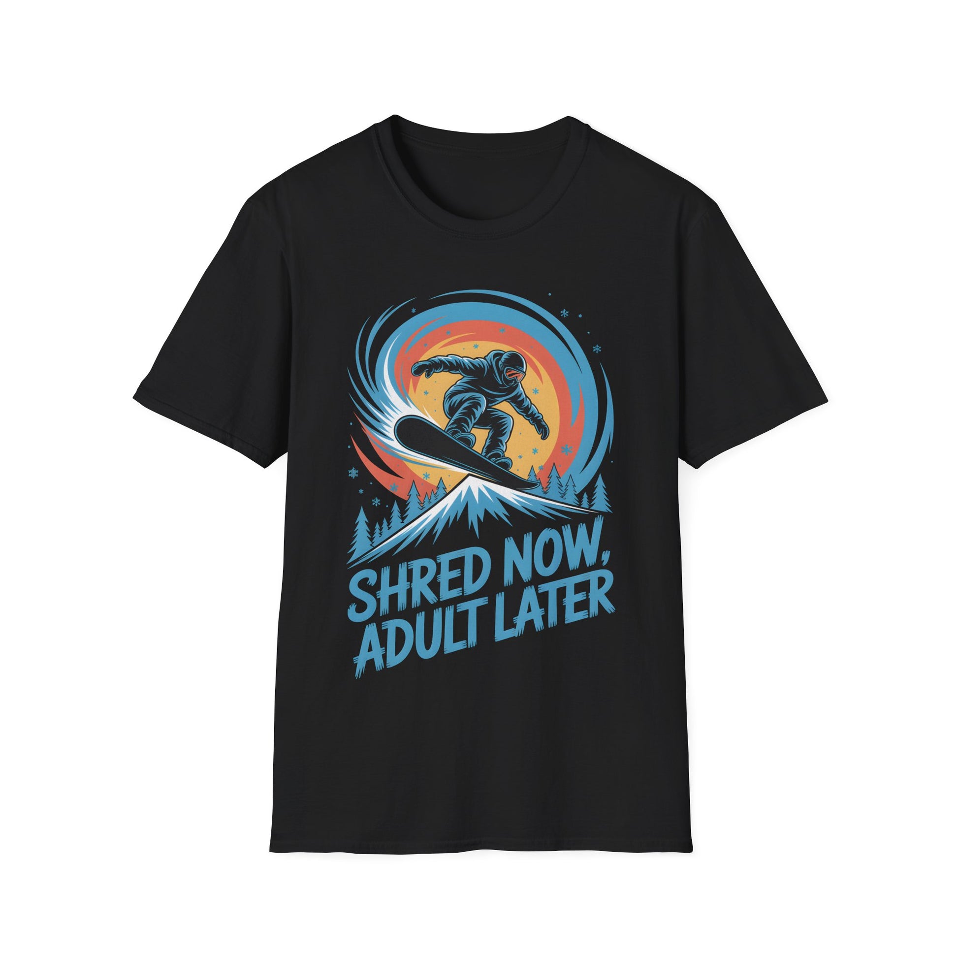 Shred Now Adult Later Snowboarding T-Shirt - Funny Snowboard Graphic Tee for Men Women Teens