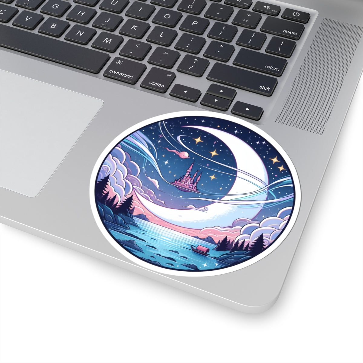 Dreamy Castle Crescent Moon Sticker - Whimsical Celestial Night Sky Round Vinyl Decal 3" 4" 6" Inch