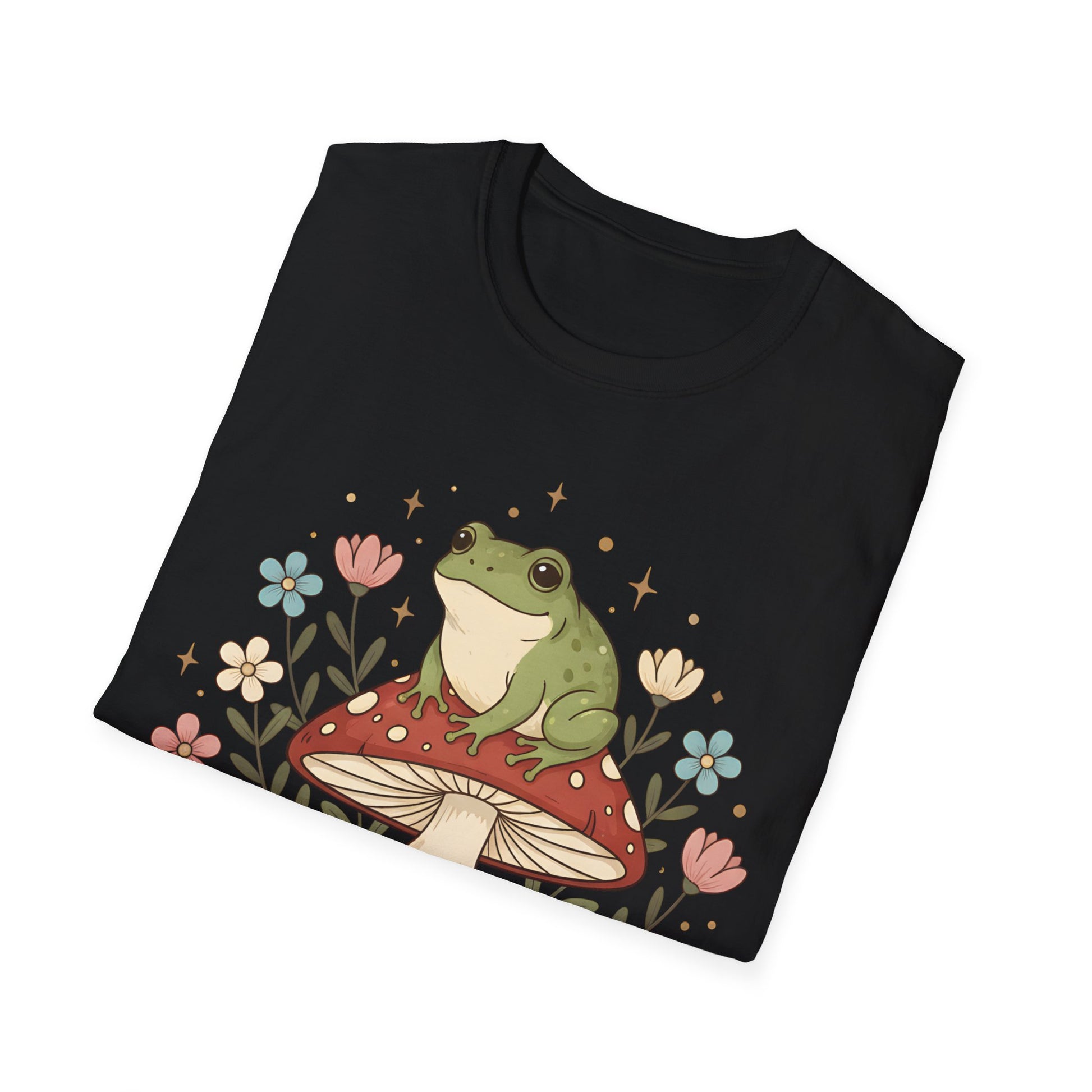 Cute Cottagecore Frog on Mushroom Graphic Tee | Woodland Forest Flowers Tshirt