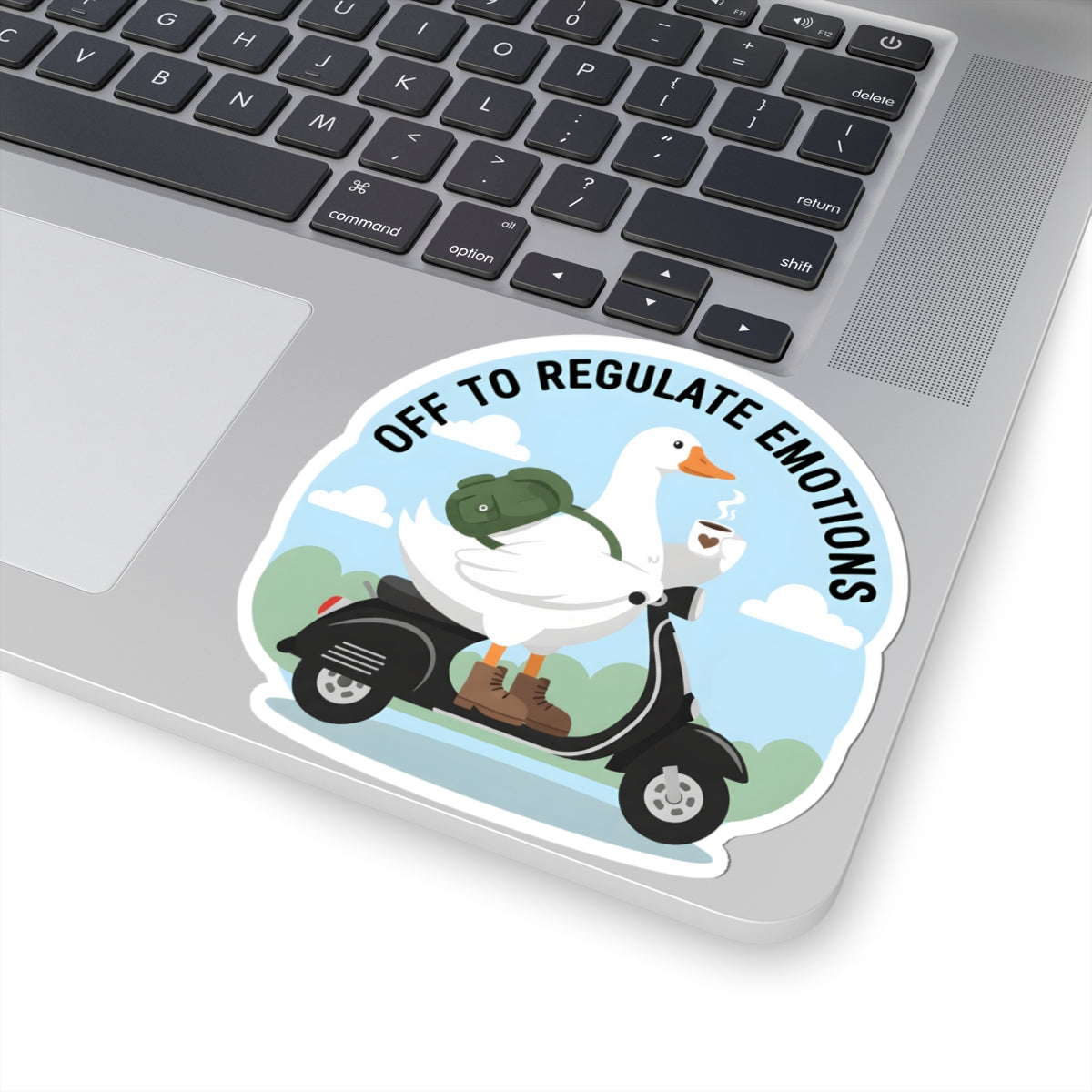 Off To Regulate Emotions Funny Goose Sticker - Mental Health Duck On Scooter Vinyl Decal 3" 4" 6"