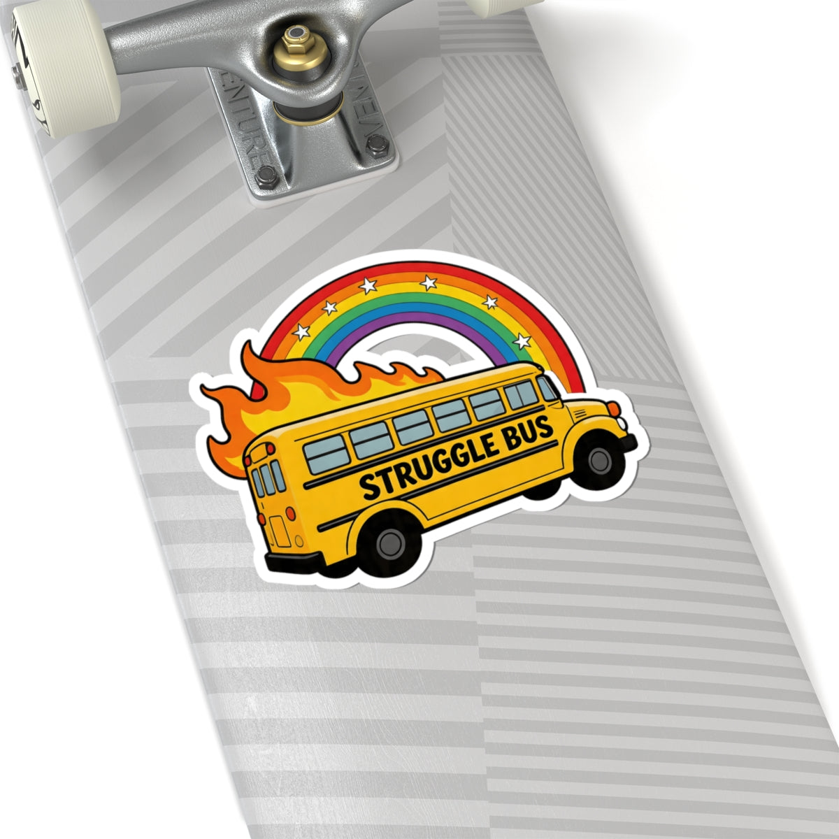 Funny Struggle Bus Sticker - Flaming School Bus with Rainbow & Stars Vinyl Decal 3" 4" 6" Inch