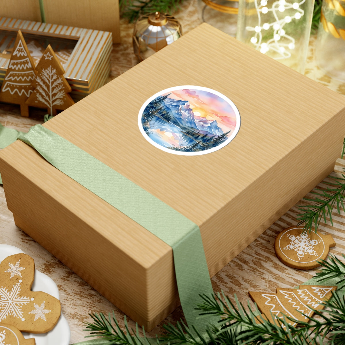 Mountain Lake Sunset Watercolor Sticker - Round Snowy Peaks Forest Nature Vinyl Decal 3" 4" 6" Inch