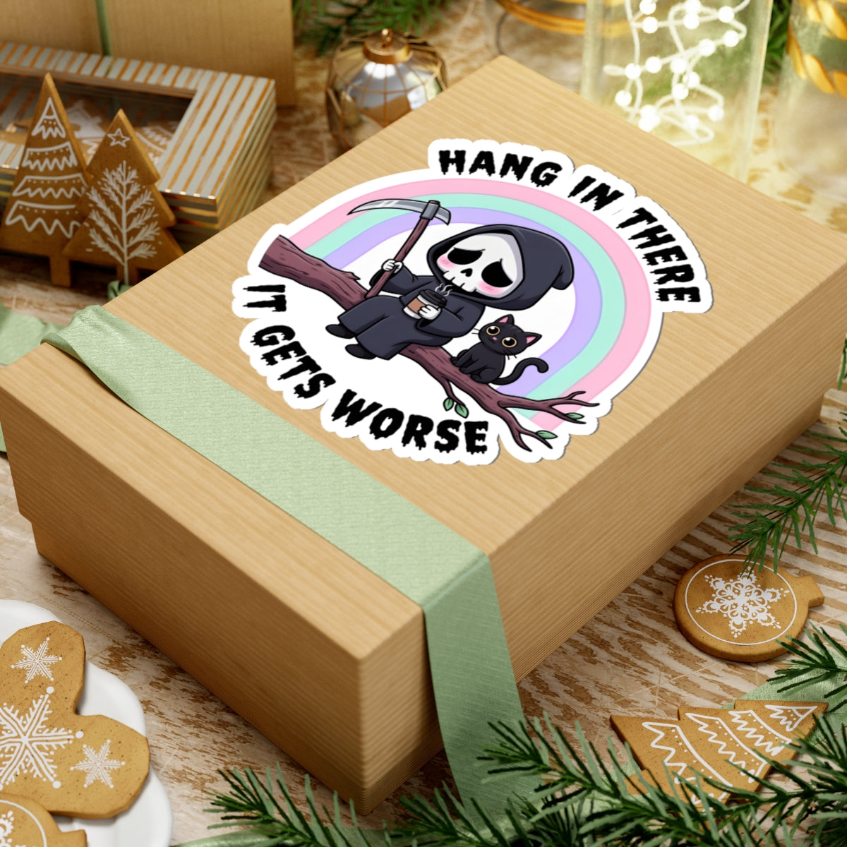 Hang In There It Gets Worse Sticker - Funny Grim Reaper with Black Cat and Coffee Vinyl Decal 3" 4" 6" Inch