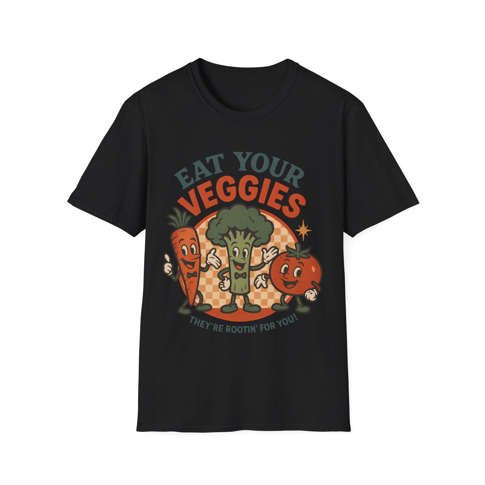 Flat lay of black “Eat Your Veggies” vegan vegetable t-shirt, with cartoon carrot, broccoli and tomato characters and the slogan “They’re rootin’ for you!” on the front.