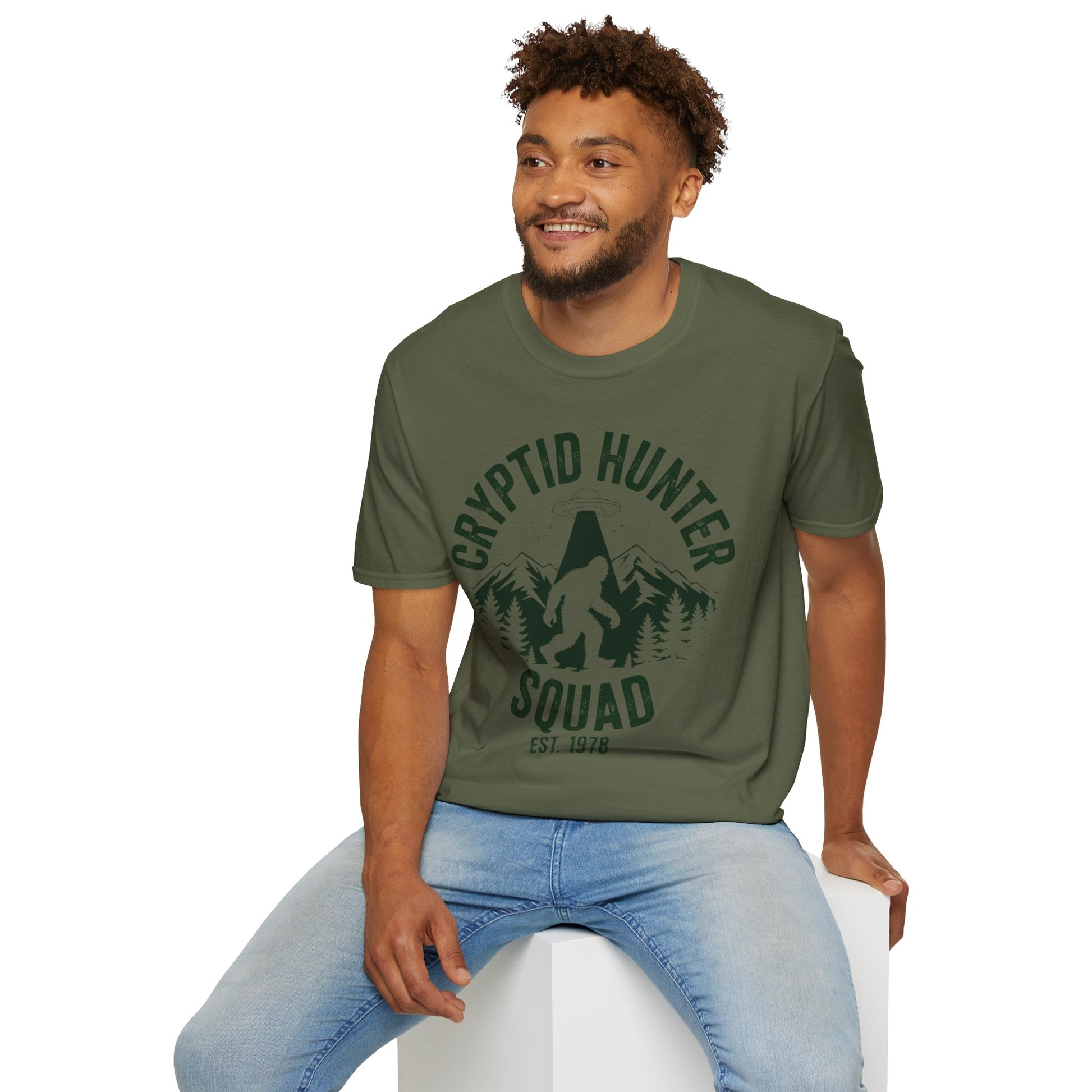 Cryptid Hunter Squad Bigfoot UFO T-Shirt, Sasquatch Alien Abduction Graphic Tee