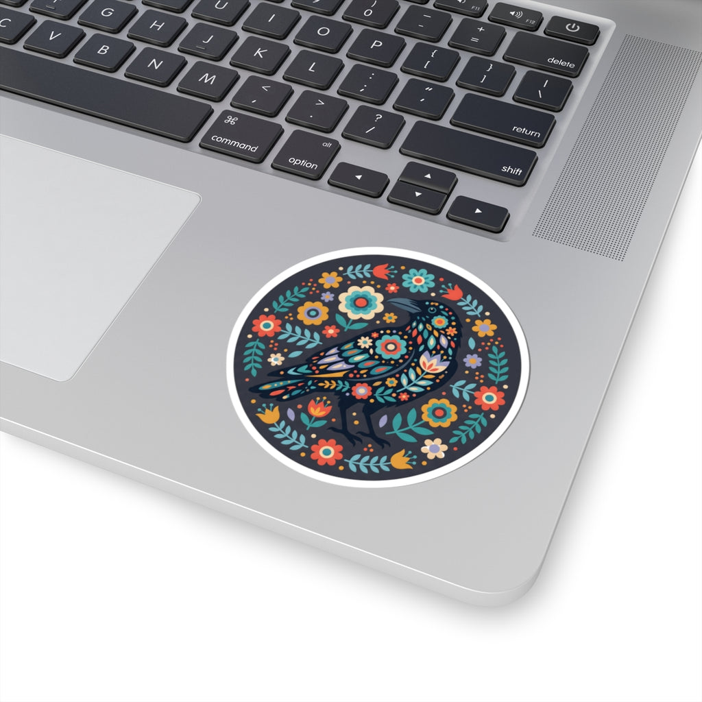 Dark Floral Folk Art Raven Sticker - Round Boho Botanical Crow Flower Aesthetic Vinyl Decal 3" 4" 6" Inch