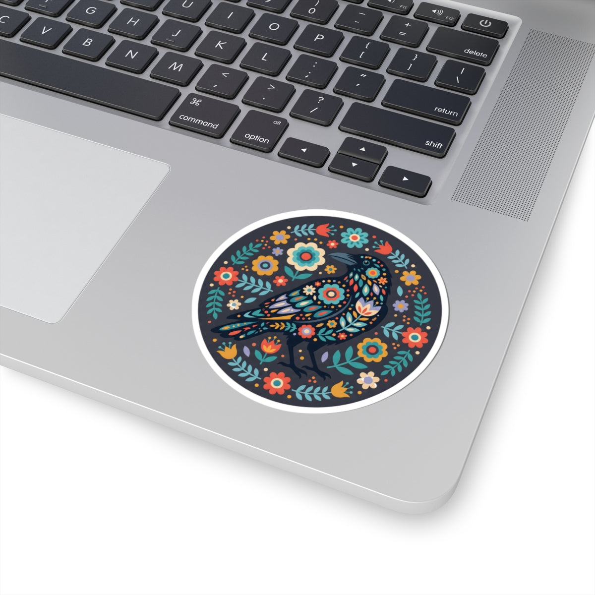 Dark Floral Folk Art Raven Sticker - Round Boho Botanical Crow Flower Aesthetic Vinyl Decal 3" 4" 6" Inch