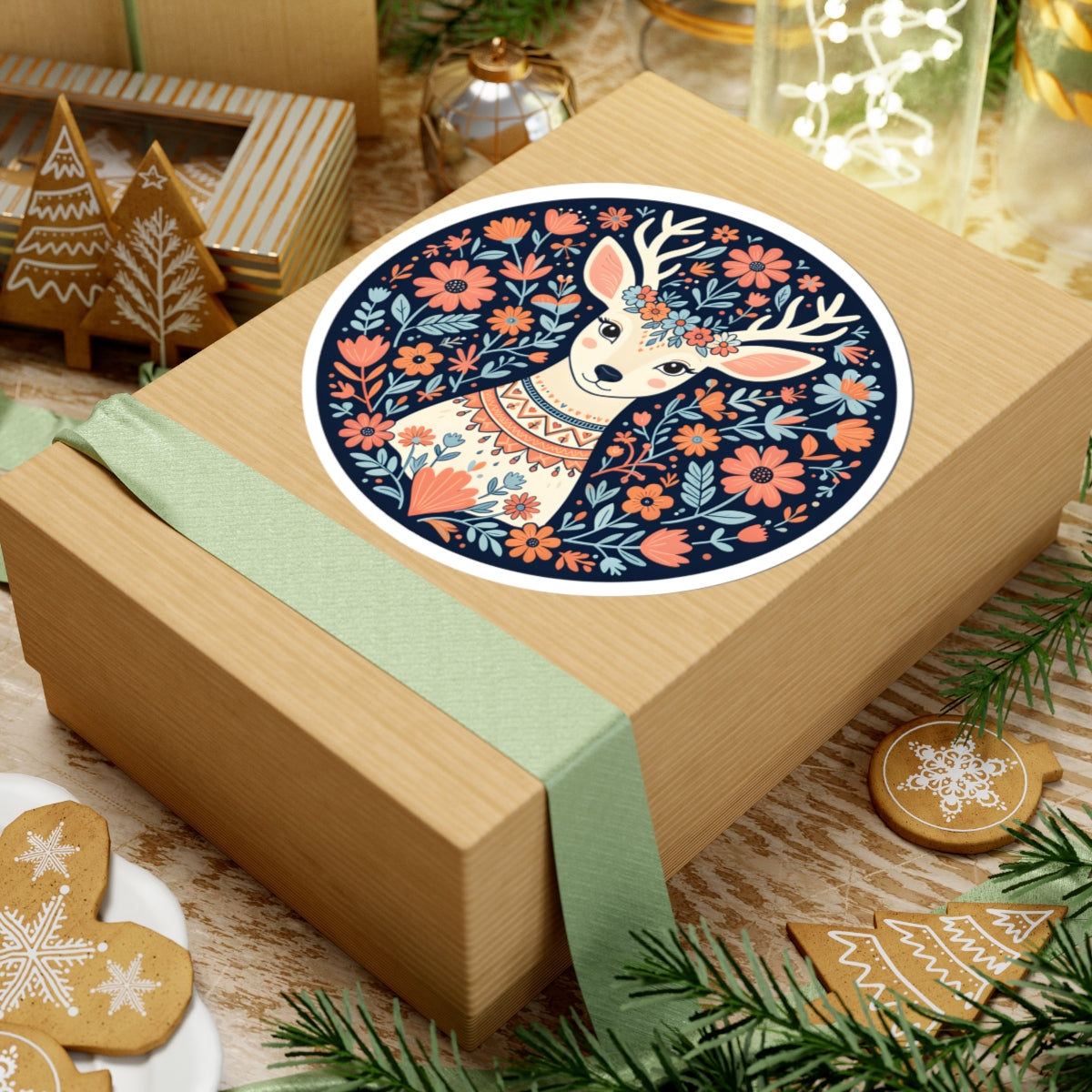 Folk Art Woodland Deer Sticker -  Boho Woodland Animal Round Vinyl Decal 3" 4" 6" Inch