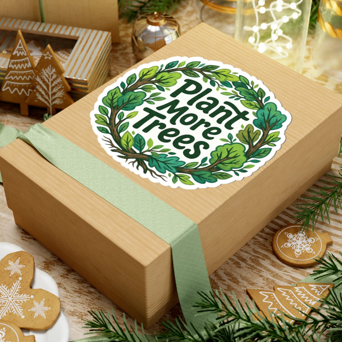 Plant More Trees Sticker Green Leaf Wreath Vinyl Decal Nature Environmental Eco Awareness Forest Art 3" 4" 6" Inch
