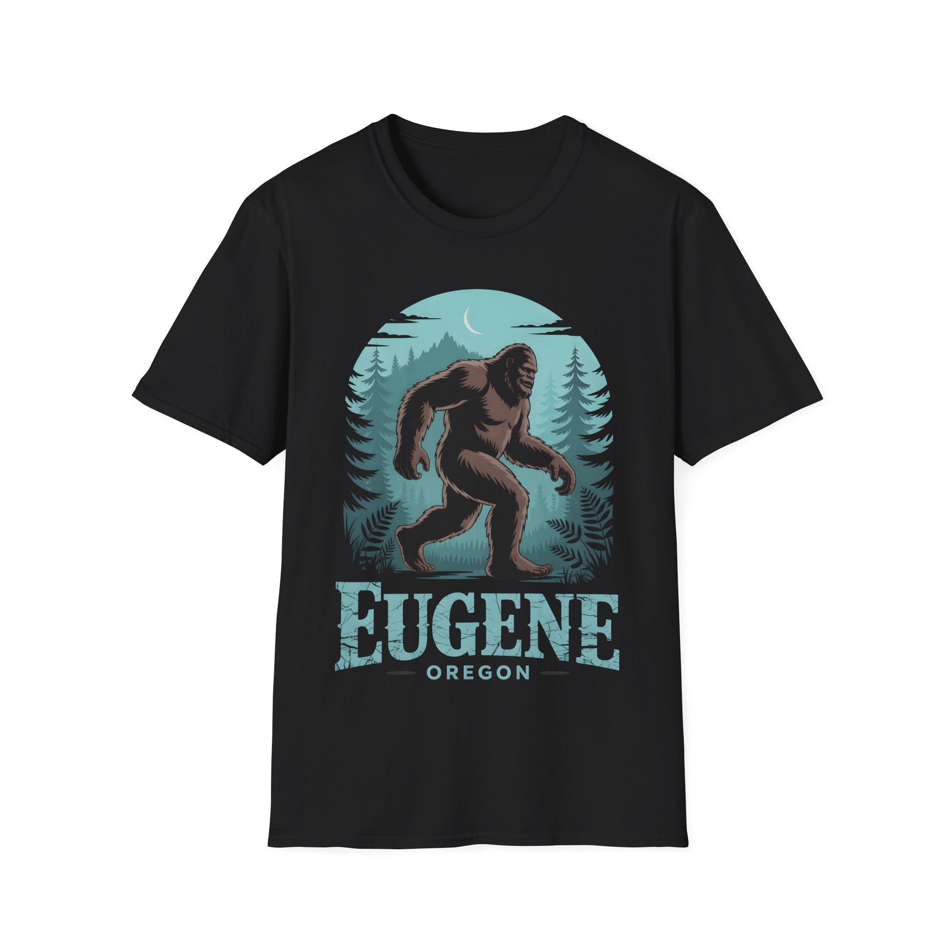 Black Eugene Oregon Bigfoot Tshirt laid flat, displaying a Bigfoot graphic in a moonlit forest with bold Eugene Oregon lettering below the design.