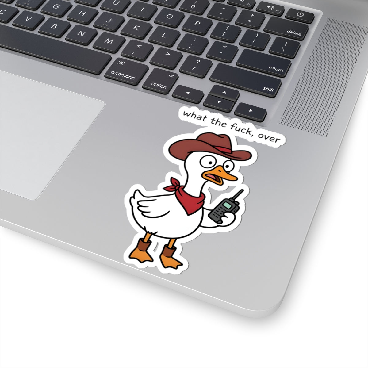 Funny Cowboy Goose with Walkie Talkie Sticker - What The F Over Sarcastic Meme Vinyl Decal 3" 4" 6" Inch