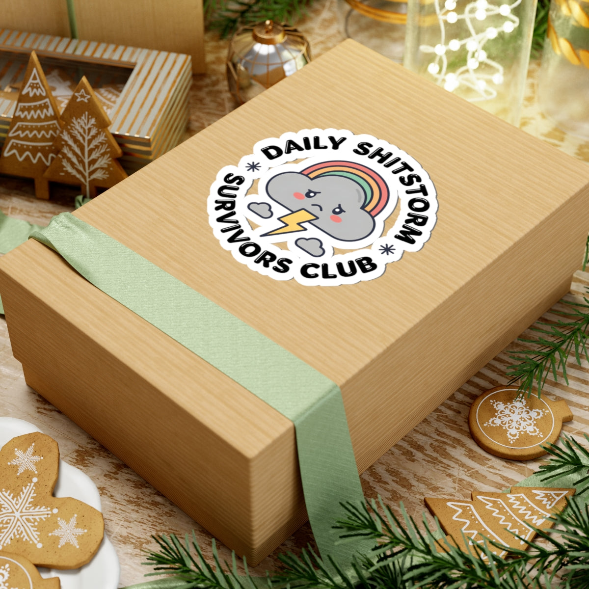 Daily Shitstorm Survivors Club Sticker - Humorous Sad Cloud & Rainbow Vinyl Decal 3" 4" 6" Inch