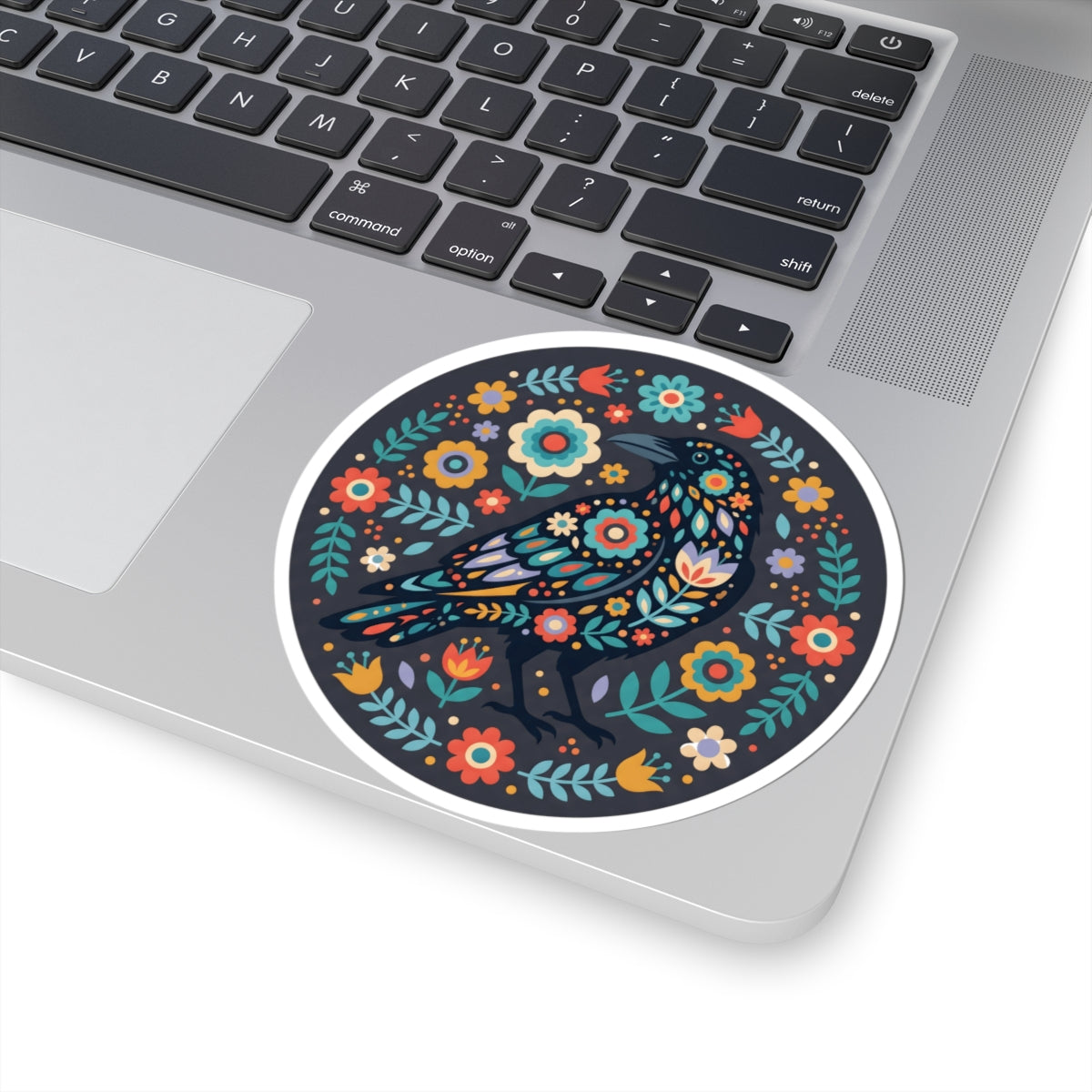 Dark Floral Folk Art Raven Sticker - Round Boho Botanical Crow Flower Aesthetic Vinyl Decal 3" 4" 6" Inch