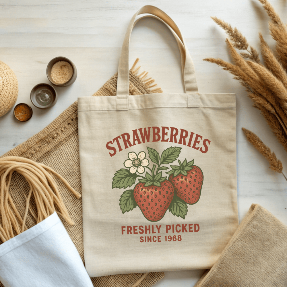 Vintage Strawberry Tote Bag - Freshly Picked Farmers Market Canvas Bag