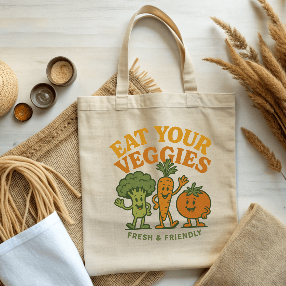 Eat Your Veggies Retro Canvas Tote Bag - Vegan Plant Lover Market Tote