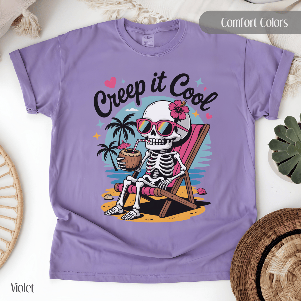 Summer-ween Comfort Colors Tee - Creep It Cool Skeleton Beach Vibes