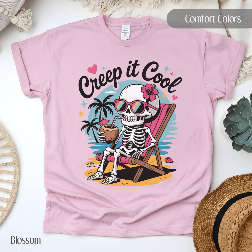 Summer-ween Comfort Colors Tee - Creep It Cool Skeleton Beach Vibes