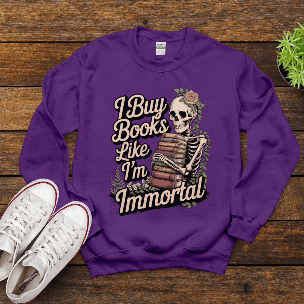Spooky Skeleton Reading Sweatshirt - I Buy Books Like I'm Immortal Crew Neck