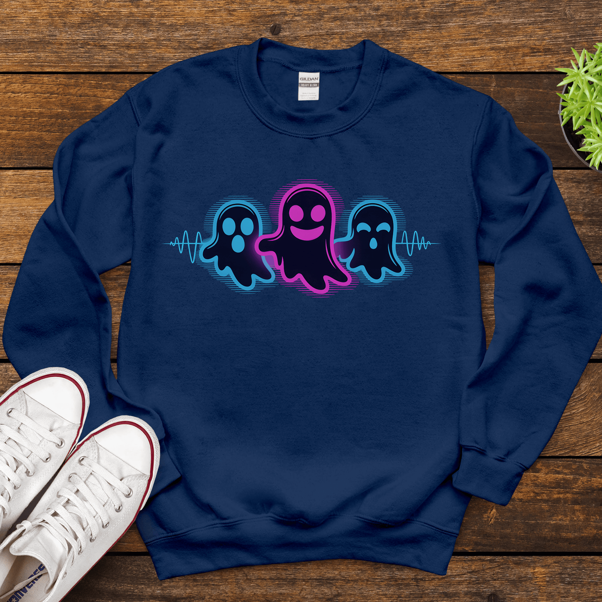 Neon Ghost Halloween Sweatshirt - Gildan 18000 EDM Rave Crewneck