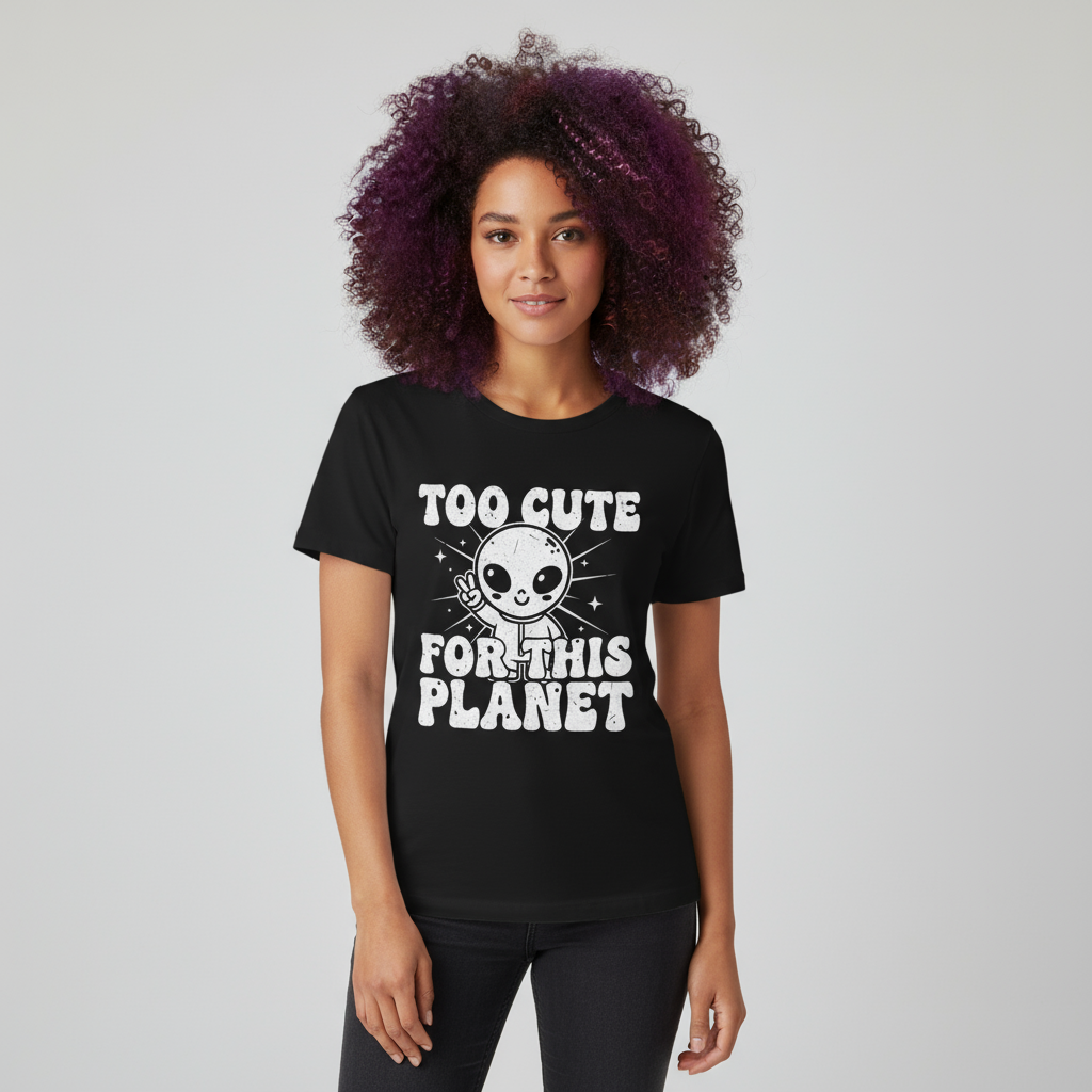 Too Cute For This Planet Alien TShirt | Funny Outer Space UFO Graphic Tee