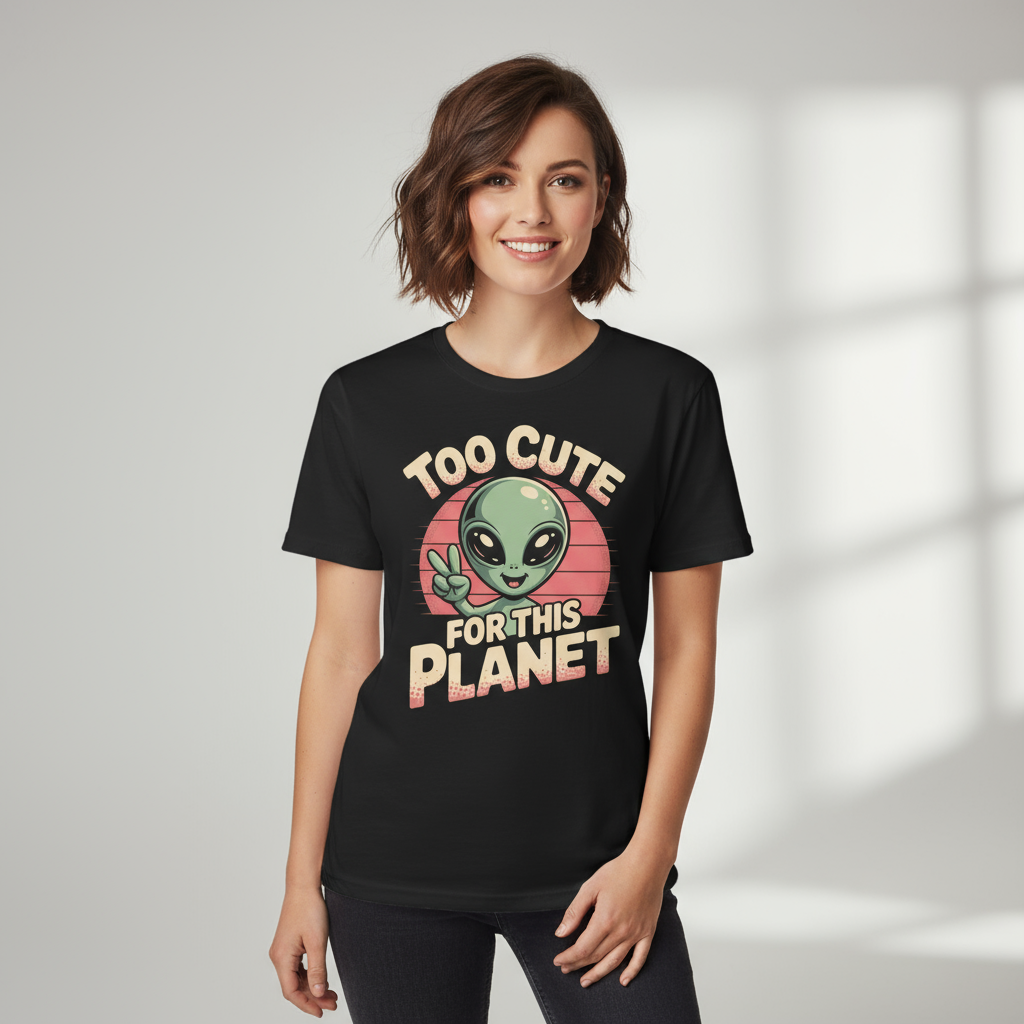 Too Cute For This Planet T-Shirt | Funny Retro Alien Graphic Tee Sci-Fi Space
