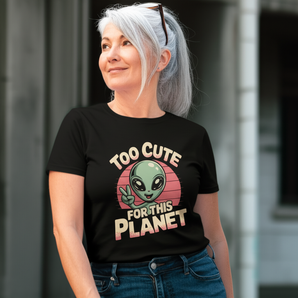 Too Cute For This Planet T-Shirt | Funny Retro Alien Graphic Tee Sci-Fi Space