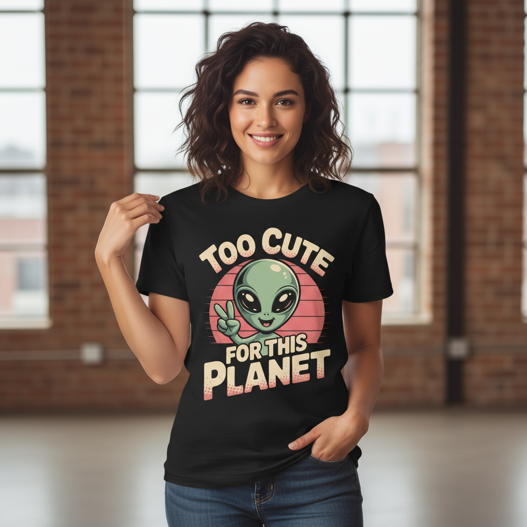 Too Cute For This Planet T-Shirt | Funny Retro Alien Graphic Tee Sci-Fi Space