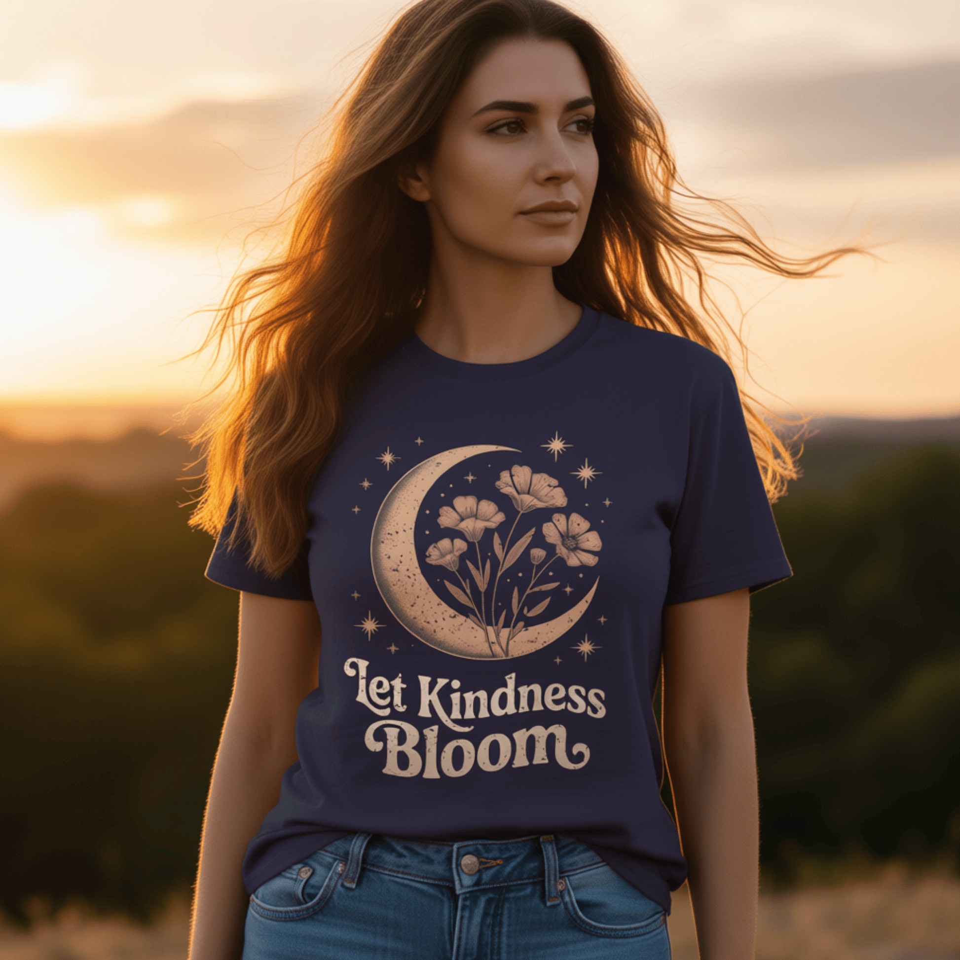 Let Kindness Bloom Shirt | Celestial Moon Graphic Tee | Boho Floral T-Shirt