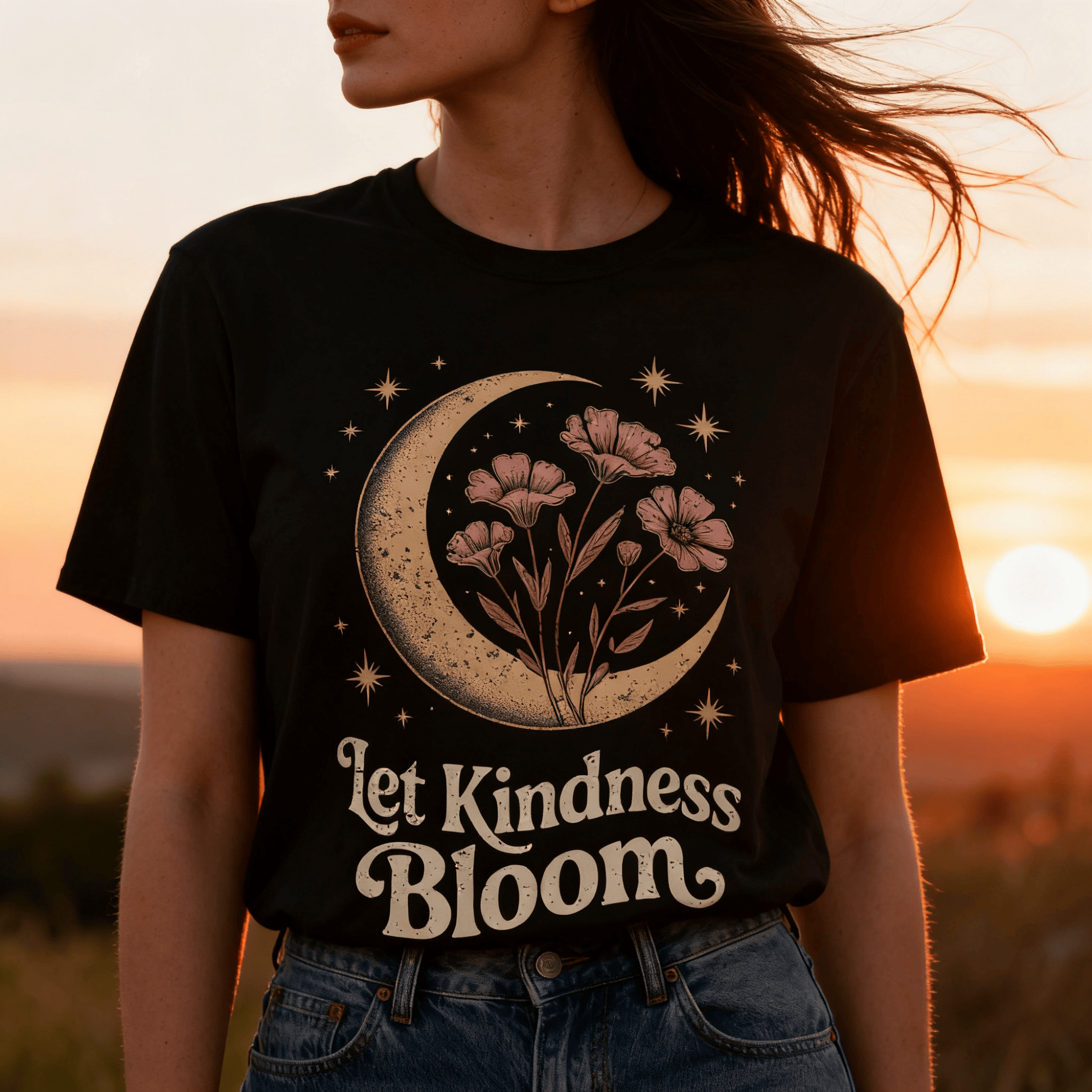 Let Kindness Bloom Shirt | Celestial Moon Graphic Tee | Boho Floral T-Shirt