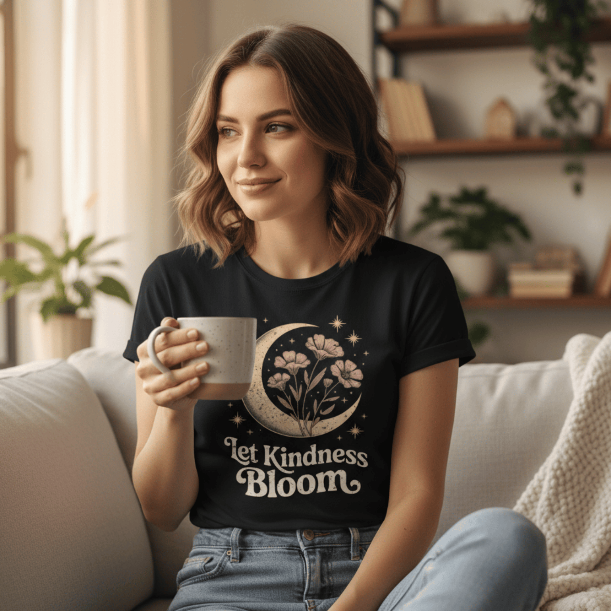 Let Kindness Bloom Shirt | Celestial Moon Graphic Tee | Boho Floral T-Shirt